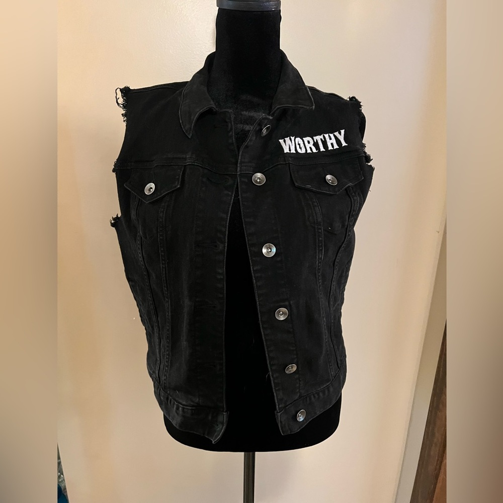Marvel avengers her womens cut off sleeve vest black denim Thor hammer